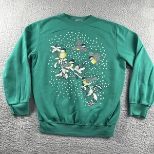 VINTAGE Nature Crewneck Mens Small Birds Winter Teal Blue‎ Single Stitch Light
